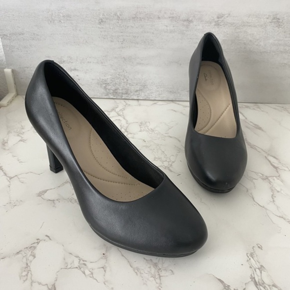 Clarks Pumps Sz 9 Black Leather Platform High Heel Office Work‎ Dressy Comfort
